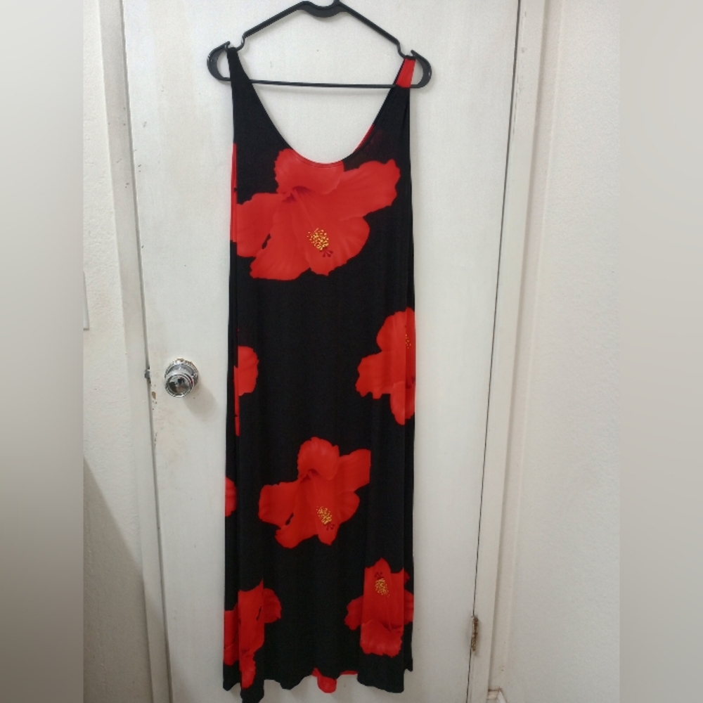 Black Sheer Maxi Dress with Red Floral Print